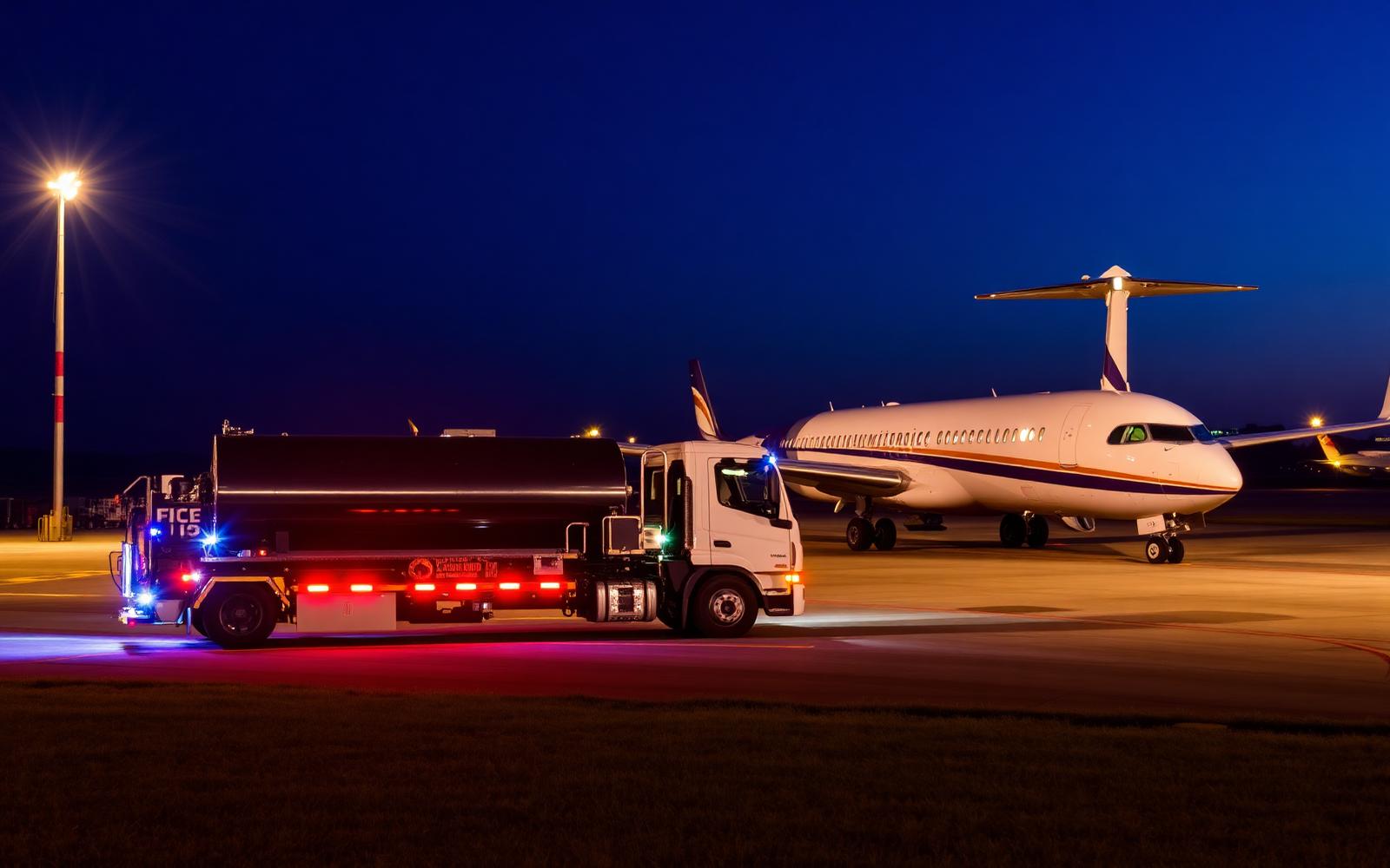 Aeroknottical refueler truck servicing an aircraft at night